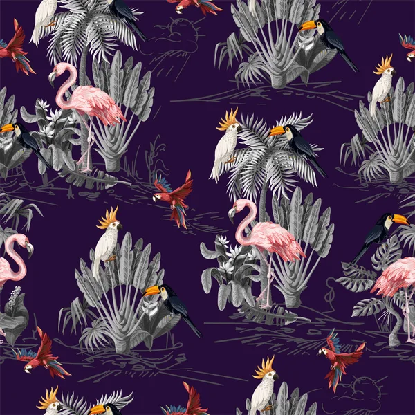 Seamless pattern with jungle animals, flowers and trees. Vector.