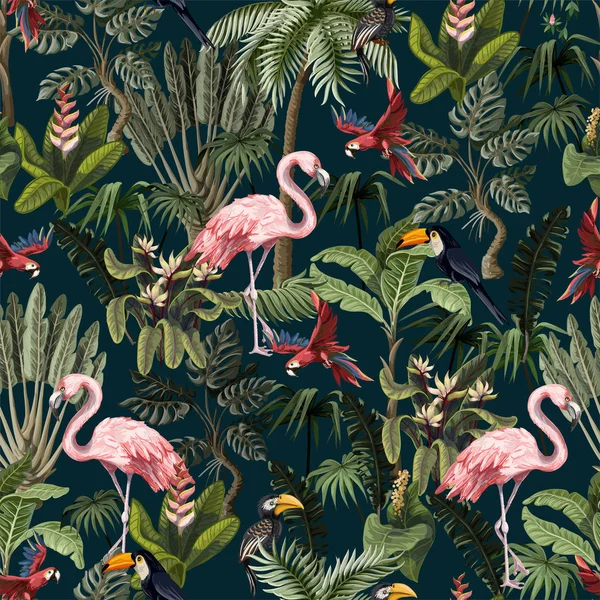 Seamless pattern with jungle animals, flowers and trees. Vector.