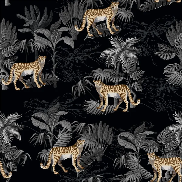 Seamless pattern with leopard and tropical landscape. Vector. — 스톡 벡터