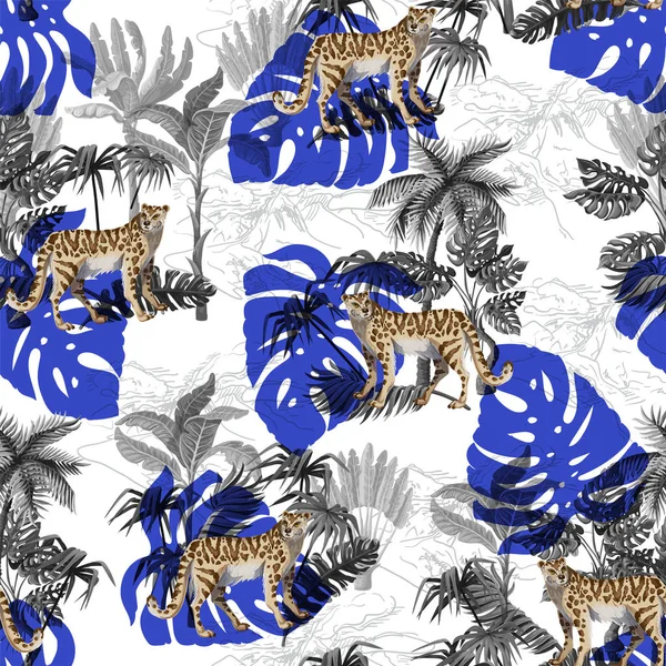 Bezešvé vzory s leopardí a tropickou krajinou. Vektor. — Stockový vektor