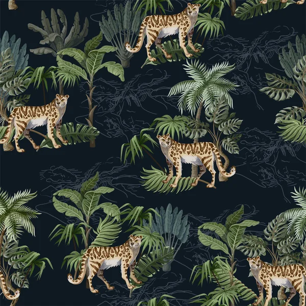 Seamless pattern with leopard and tropical landscape. Vector. — Stock Vector