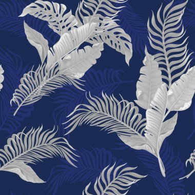 Klasik mavi arkaplanda beyaz tropikal yapraklı kusursuz desen.