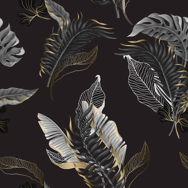 Seamless pattern with black and white tropical leaves and golden elements. Vector.