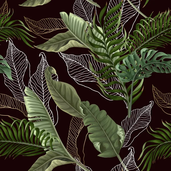Безшовний візерунок з тропічним листям на чорному тлі. Векторні . — стоковий вектор