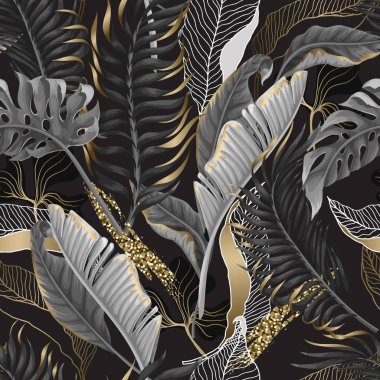 Siyah ve beyaz tropikal yapraklar ve altın elementlerle kusursuz bir desen. Vektör.