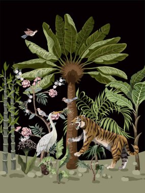 Kaplan, balıkçıl ve orman ağaçlarıyla Çin tarzı desenler..