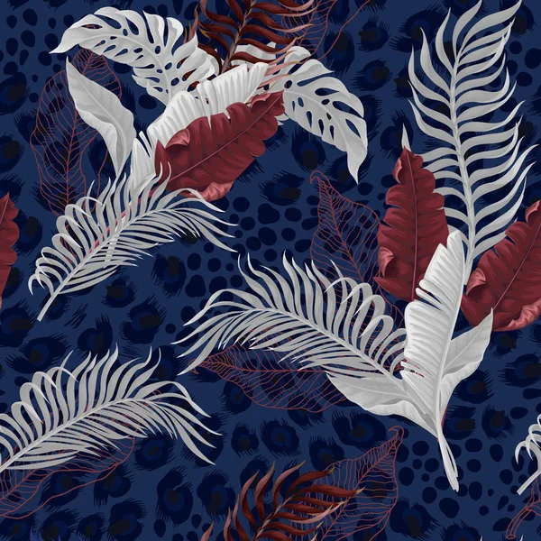 Bezešvé vzor s bílými tropickými listy na modrém leopard pozadí. — Stockový vektor