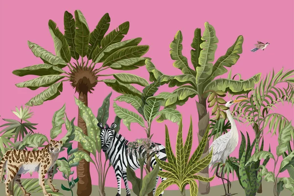 Grenzend aan jungle bomen en wilde vogels en dieren. Vector. — Stockvector