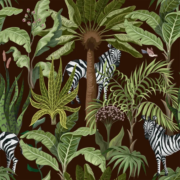 Seamless pattern with tropical trees and zebra. Vector. — Stock Vector