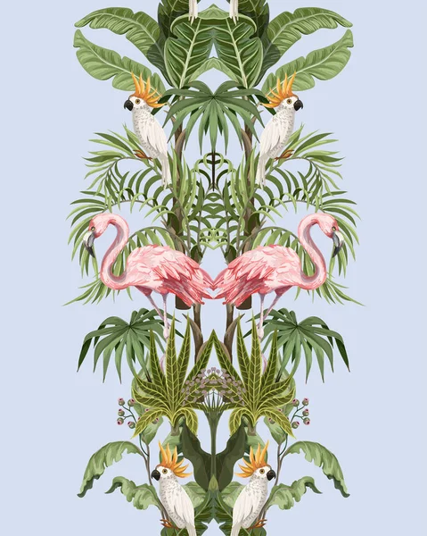 Seamless border with jungle trees, flamingo and parrots. Vector. — 스톡 벡터