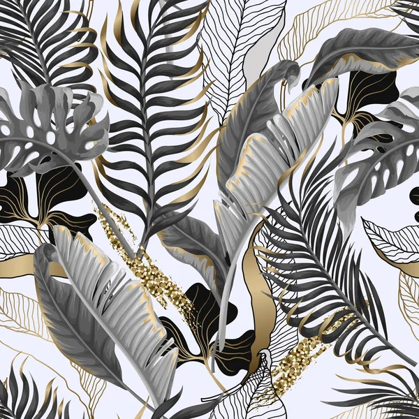 Modèle sans couture avec des feuilles tropicales noires et blanches et des éléments dorés. Vecteur . — Image vectorielle