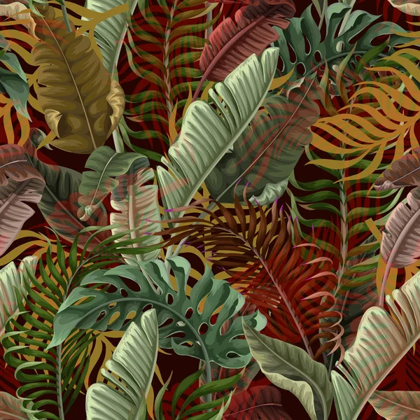 Bezešvé vzor s tropickými listy na černém pozadí. Vektor. — Stockový vektor