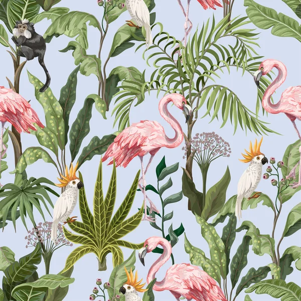 Sömlöst mönster med djungelträd, flamingo och papegojor. Vektor. — Stock vektor