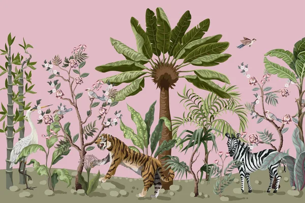 Modello in stile chinoiserie con tigre, airone e alberi della giungla . — Vettoriale Stock