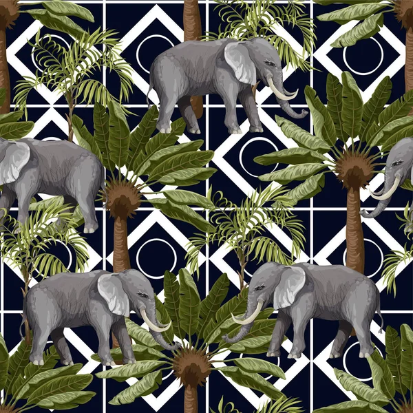 Seamless pattern with elephants and tropical trees on geometrical background. — Stock Vector