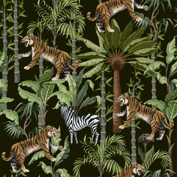Απρόσκοπτη μορφή σε σινονησιακό στυλ με τίγρεις, ερωδιούς και δέντρα ζούγκλας. — Διανυσματικό Αρχείο