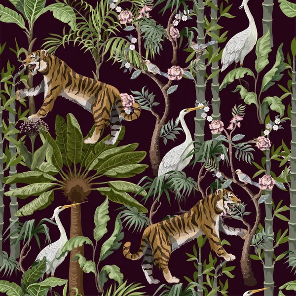 Seamless pattern in chinoiserie style with tiger, heron and jungle trees.