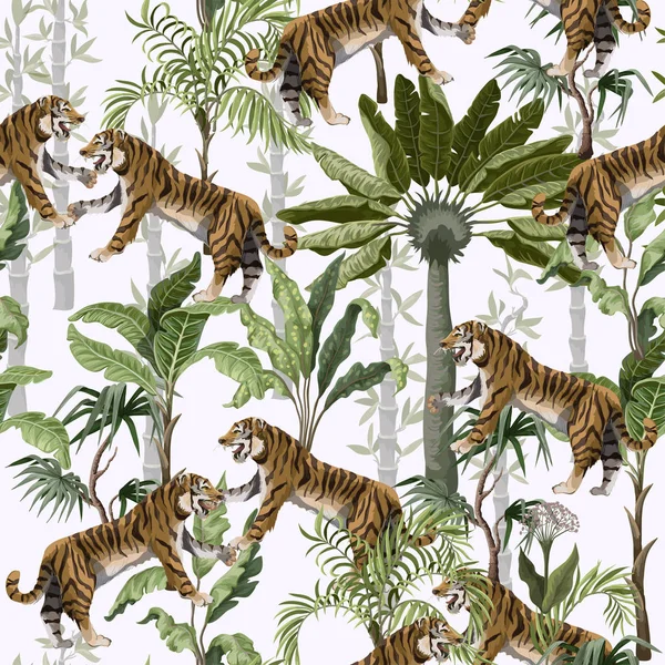 Naadloos patroon met tijgers en tropische bomen. Vector. — Stockvector