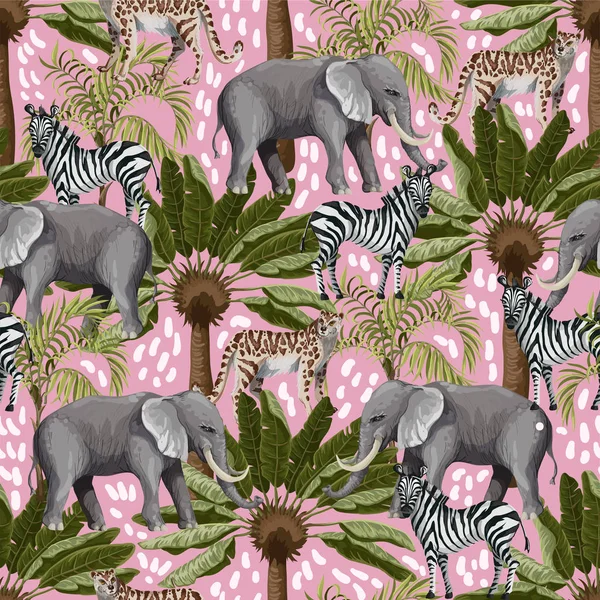 Безшовний візерунок зі слонами, зебрами та тропічними деревами — стоковий вектор