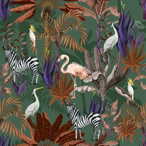 Modèle sans couture avec des animaux tropicaux dans la jungle. Vecteur . — Image vectorielle