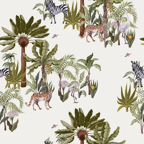 Naadloos patroon met tropische bomen en dieren. Vector. — Stockvector
