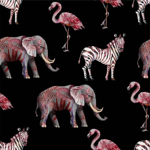 Seamless pattern with wild animals such as elephant, zebra and flamingo. Vector. — Stock Vector