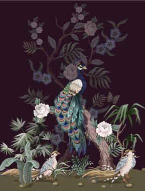 Tavus kuşu ve şakayık ile Çin usulü sınır. Vektör.