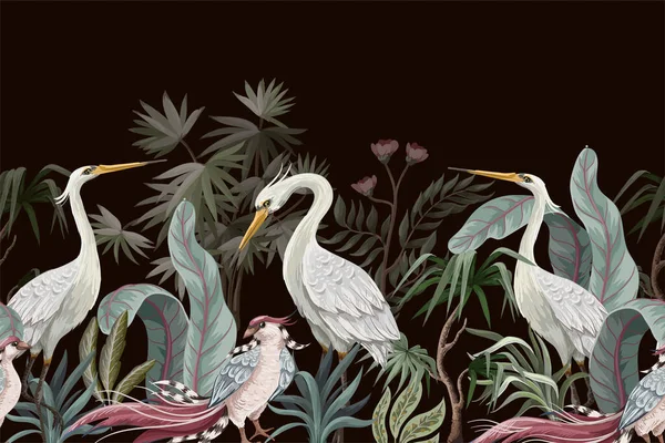 Border in chinoiserie style with storks and peonies. Vector. — 스톡 벡터