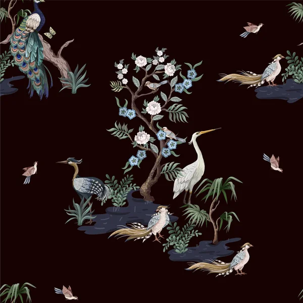 Patrón sin costuras en estilo chinoiserie con cigüeñas, pájaros y peonías. Vector , — Vector de stock