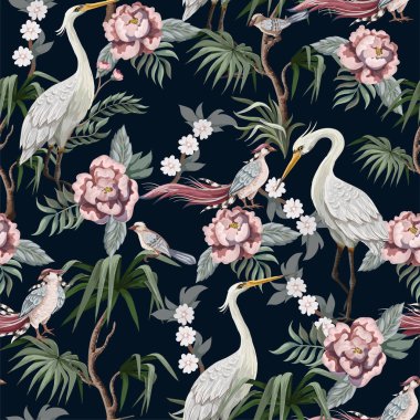 Leylekler, kuşlar ve şakayıklarla Çin usulü kusursuz desen. Vektör,