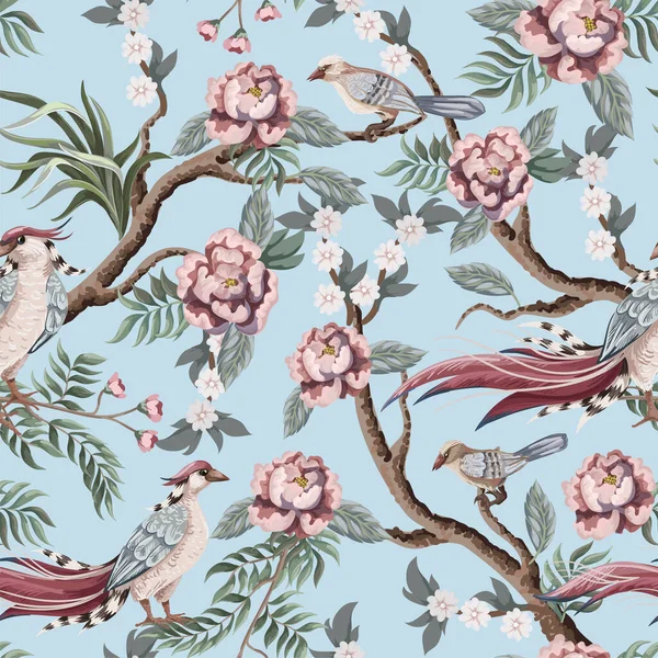 Patrón sin costuras en estilo chinoiserie con cigüeñas, pájaros y peonías. Vector , — Vector de stock