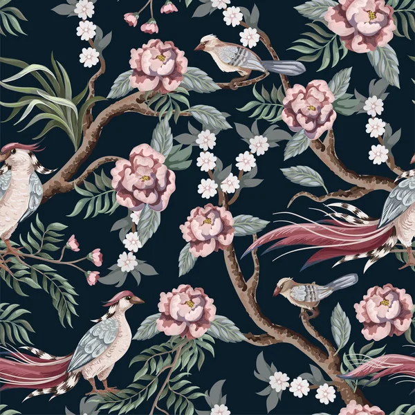 Płynny wzór w stylu chinoiserie z bocianów, ptaków i piwonii. Wektor, — Wektor stockowy
