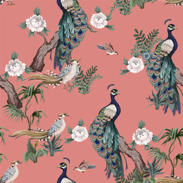 无缝图案的中国风格与鹤，鸟和牡丹。B.病媒, — 图库矢量图片