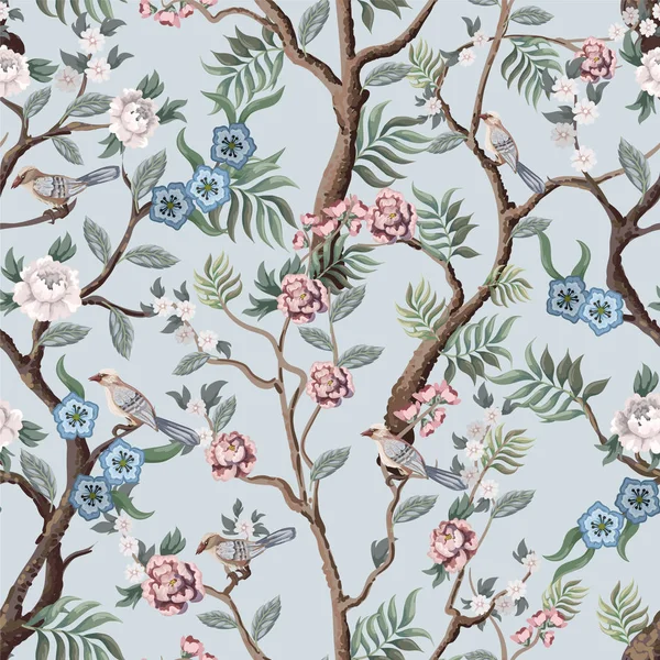 Seamless pattern in chinoiserie style with peonies trees and birds . Vector, — 스톡 벡터