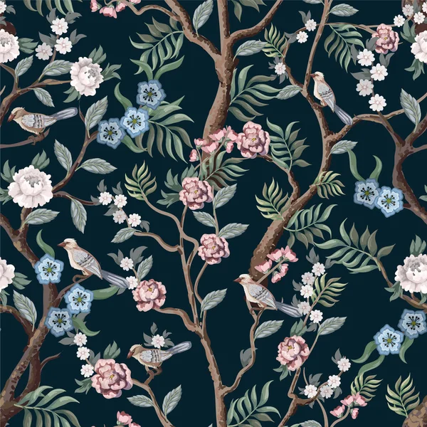 Seamless pattern in chinoiserie style with peonies trees and birds . Vector,