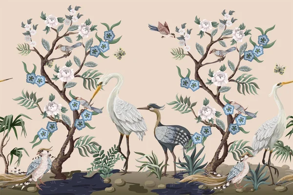 Border in chinoiserie style with herons and peonies. Vector. — 스톡 벡터
