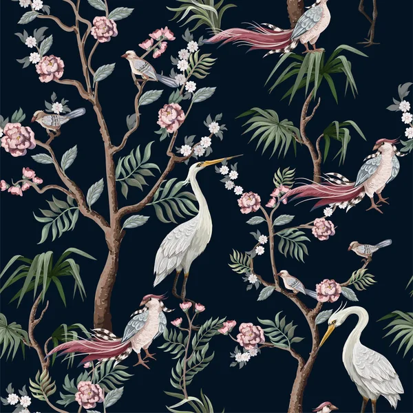 Naadloos patroon in chinoiserie stijl met ooievaars, vogels en pioenen. Vector, — Stockvector