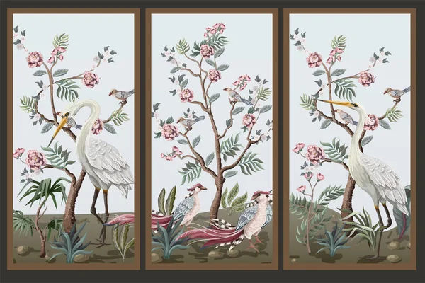 Pantalla plegable en estilo chinoiserie con cigüeñas y peonías. Vector . — Archivo Imágenes Vectoriales