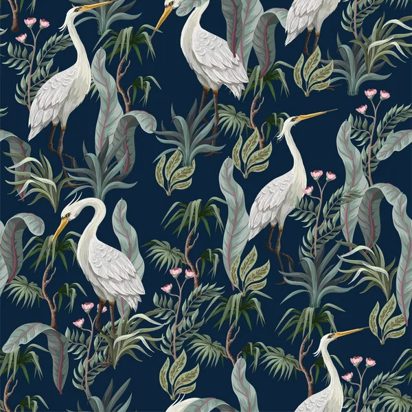Seamless pattern in chinoiserie style with storks, birds and peonies. Vector, — Stock Vector