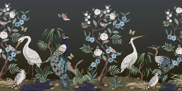 Border in chinoiserie style with herons, peacock and peonies. Vector. — 스톡 벡터