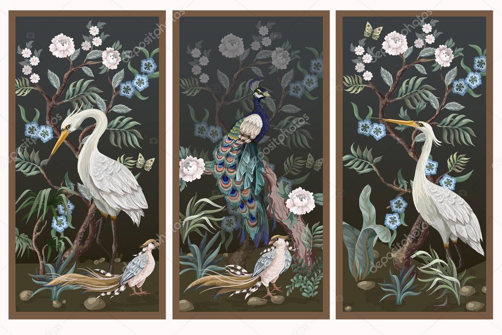 Folding screen in chinoiserie style with peacock and peonies
