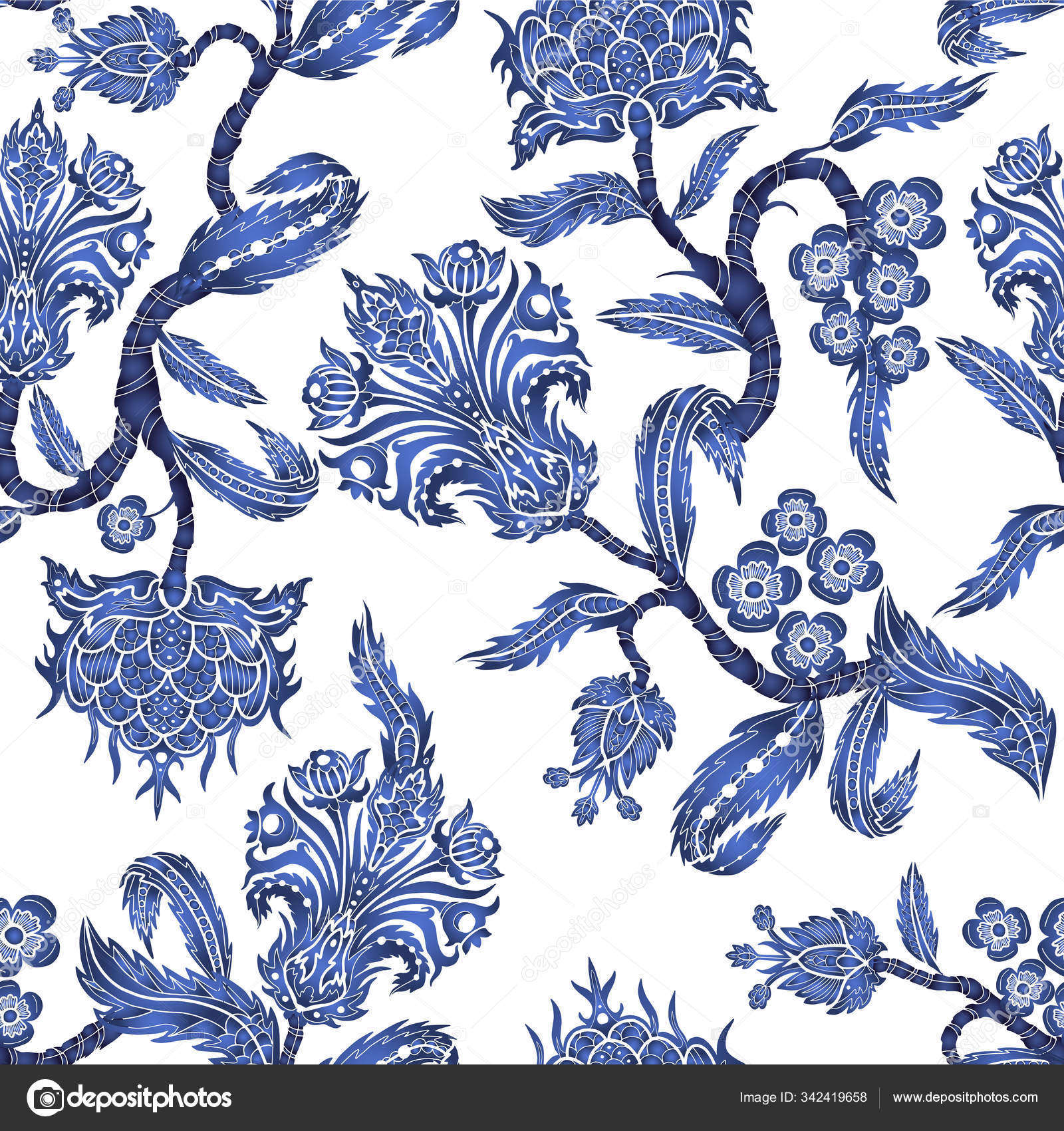 Seamless pattern with branches flowers in chinoiserie style. Japanese