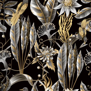 Altın ve metalik yaprakları, çiçekleri ve kuşları olan kusursuz bir desen. Vektör.