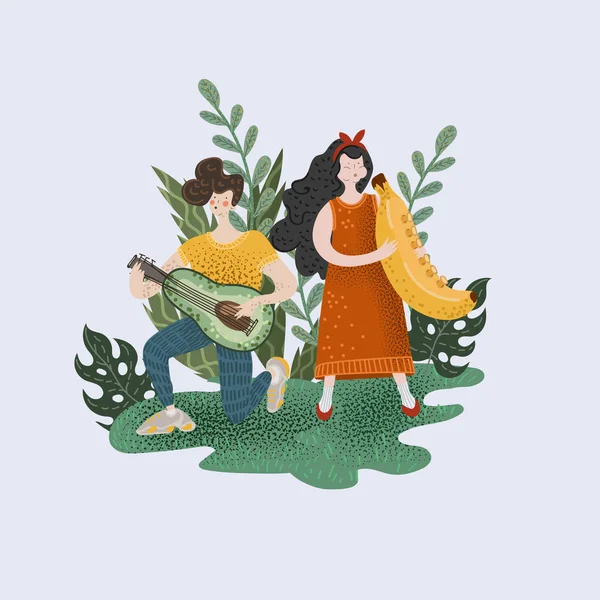 Chłopiec i dziewczyna, którzy grają na instrumentach muzycznych w postaci owoców. — Wektor stockowy