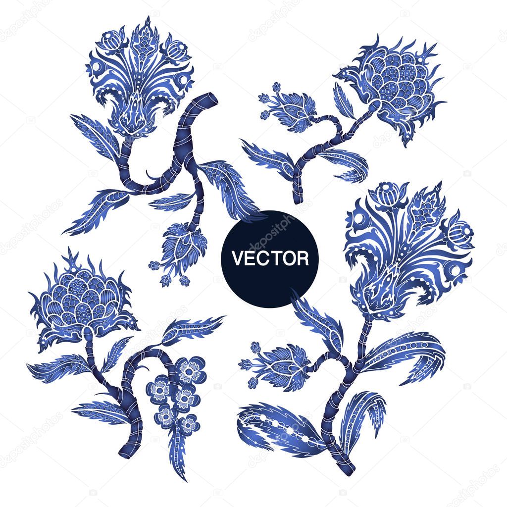 Branches with flowers in chinoiserie style isolated.