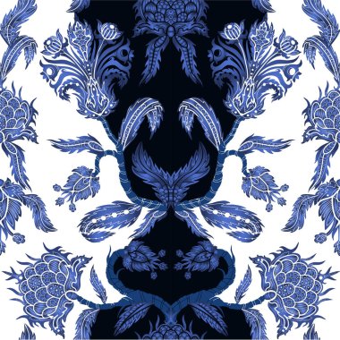 Kusursuz desenli, dallı, çiçekli, Çin usulü. Japon mavi seramik baskısı.