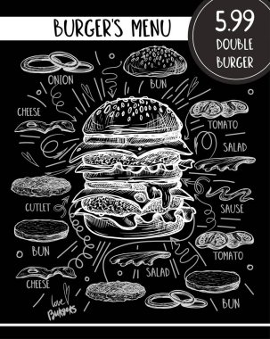 Grafik biçiminde ürünlerin bileşimiyle hamburger menüsü.