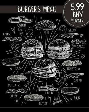 Grafik biçiminde ürünlerin bileşimiyle hamburger menüsü.