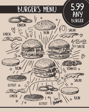 Grafik biçiminde ürünlerin bileşimiyle hamburger menüsü.