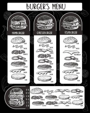 Grafik biçiminde ürünlerin bileşimiyle hamburger menüsü.